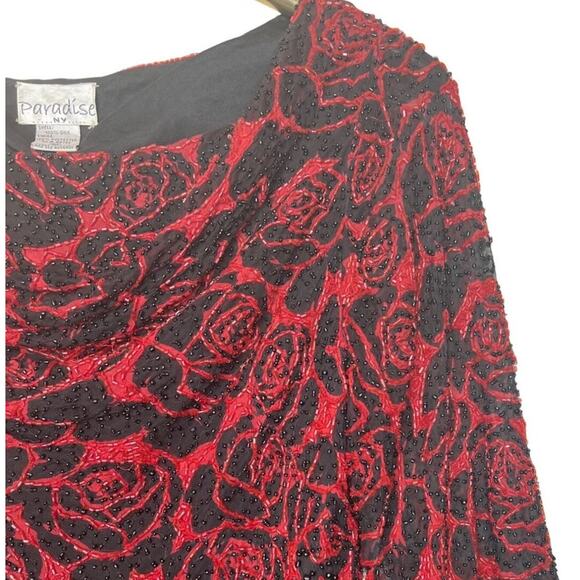 Vintage Paradise NY Size Medium Silk Beaded Formal Top Drape Neck Red Roses - Picture 5 of 10